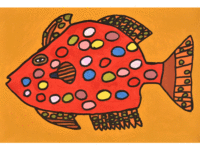 せんまい・はぎ（Whitespotted pygmy filefish）2015 年　220×333 アクリル、顔料マーカー、紙、パネル